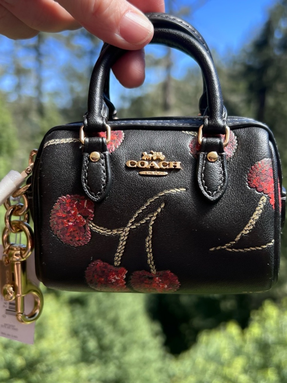 COACH Mini Rowan Bag Charm Black Multi w Sequin Cherry Print & Gold Hardware NWT - Picture 2 of 7